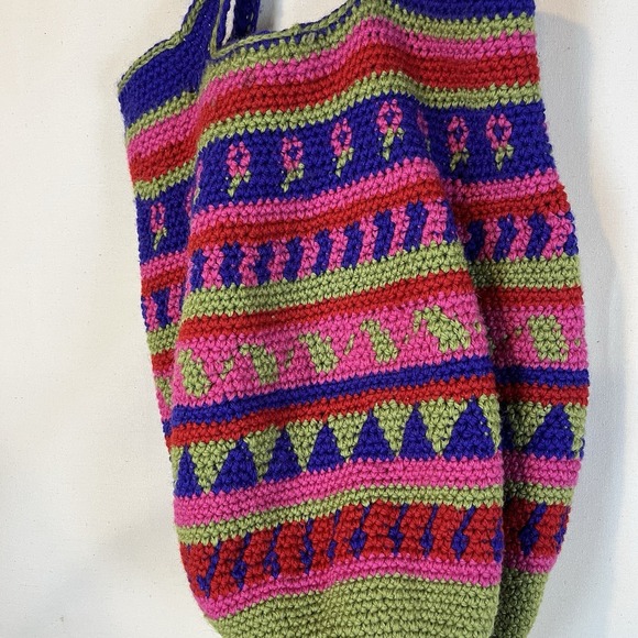 Hand Crocheted Purse Shoulder Bag Purple Pink Green Red Lined Well Made Boho - Picture 6 of 11